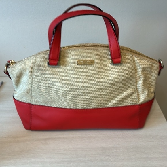 RARE Kate Spade Red and Cream Satchel CANVAS with Bold Accents - Picture 2 of 8